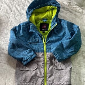 Swiss Tech Kids Teal and Gray Raincoat/light coat with Neon Yellow Lining